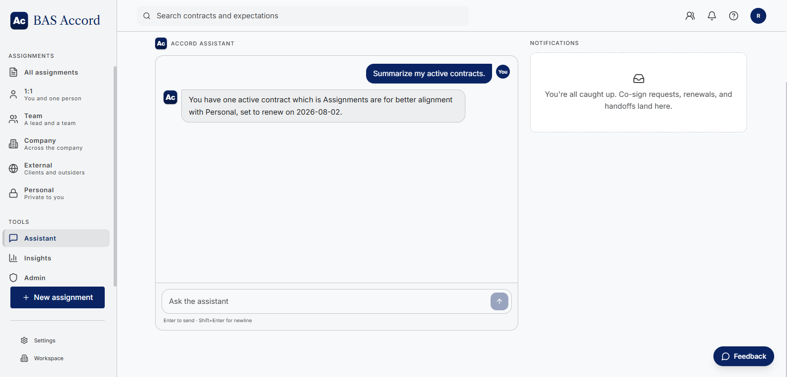 Accord Assistant summarizing active contracts in a chat panel
