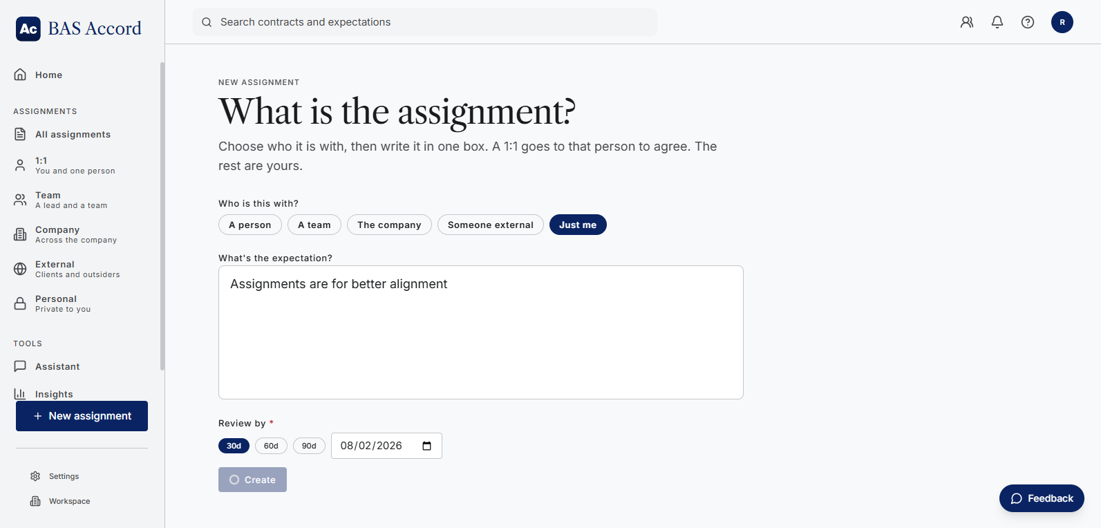 BAS Accord new assignment: choose who it is with and write the expectation in one box