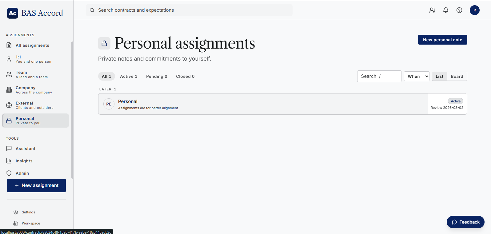 BAS Accord personal assignments list with active, pending, and closed states