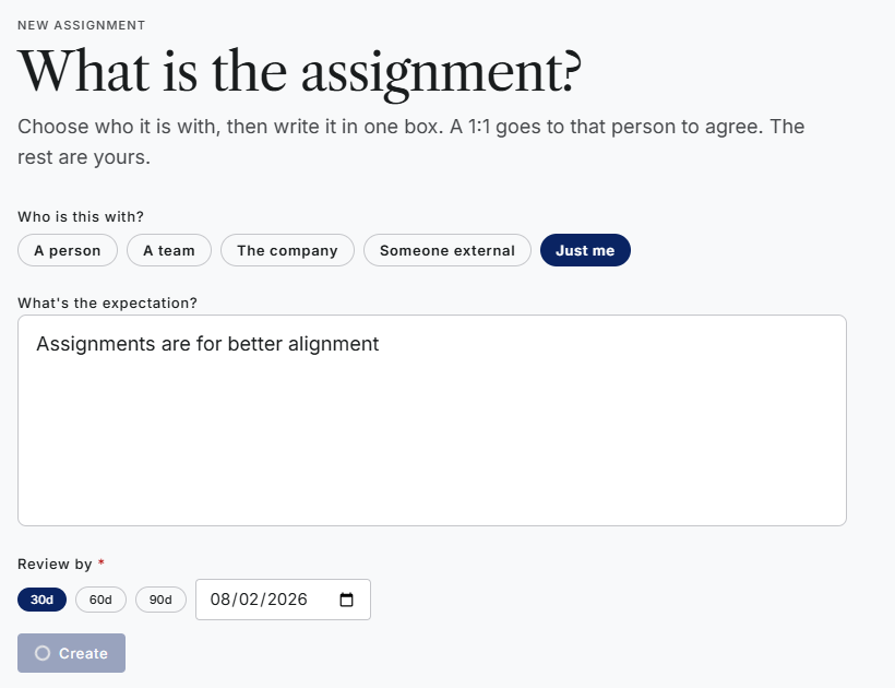 BAS Accord creating a new assignment: who it is with, the expectation in one box, and a review date