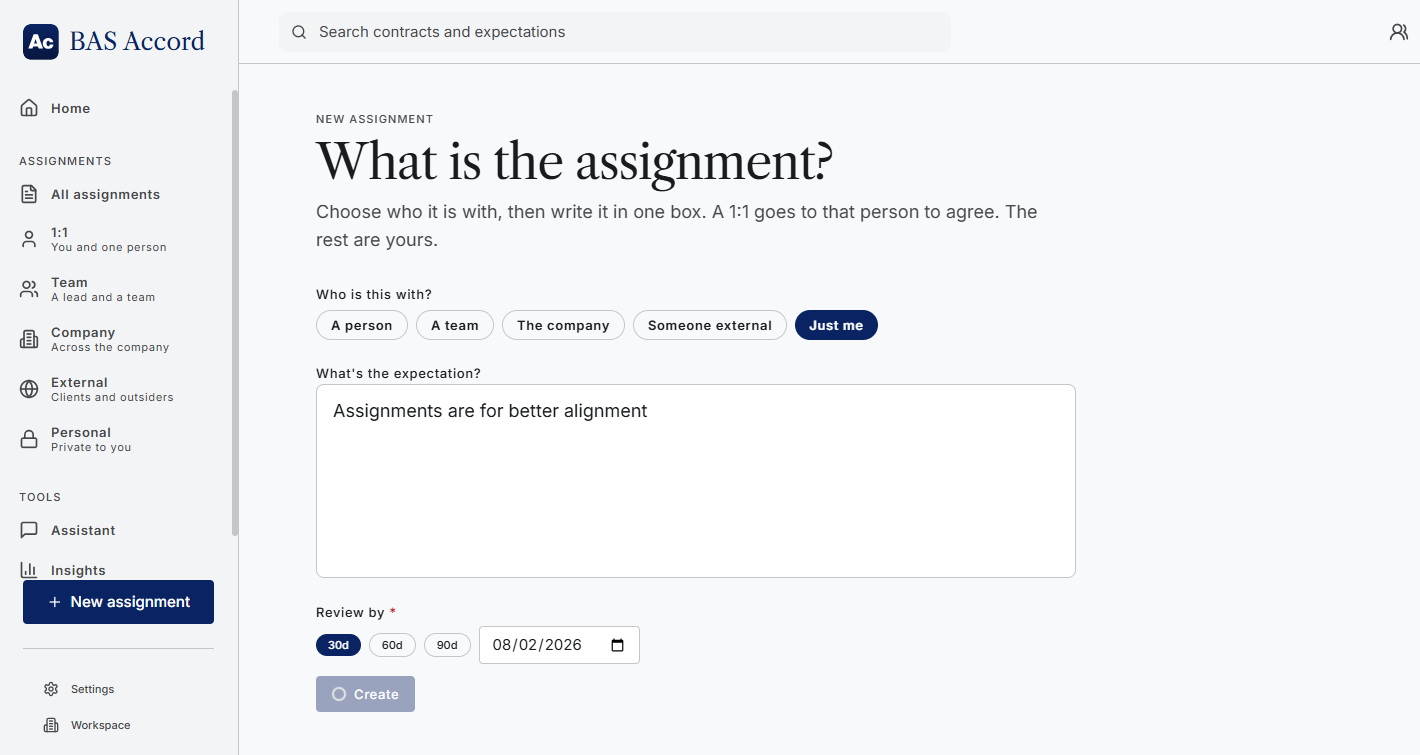 BAS Accord creating a new assignment: who it is with, the expectation in one box, and a review date