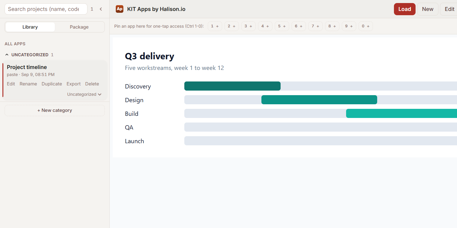 KIT Apps running a project timeline that was pasted in as code, with the saved app listed in the library beside it
