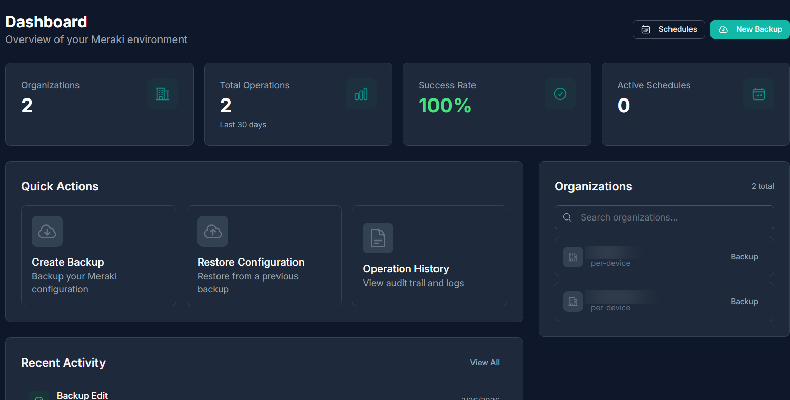 NET Backup Vault dashboard showing organisations, total operations, success rate, and the create-backup, restore and history actions